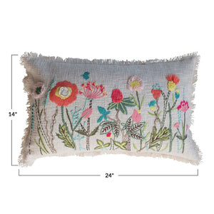 24" Lumbar Pillow with Embroidered Flowers