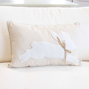 20" Leaping Bunny Embroidered Lumbar Pillow – Soft White