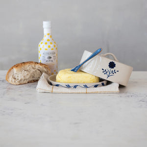 Blue & White Hand Painted Butter Dish with Floral Design