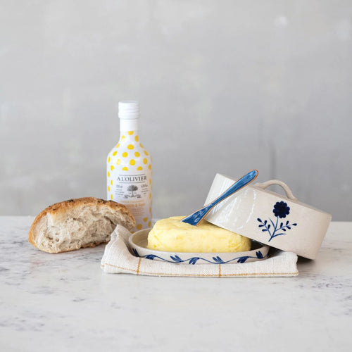 Blue & White Hand Painted Butter Dish with Floral Design