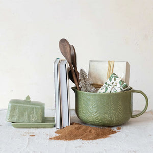 Debossed Stoneware Butter Dish with Trees