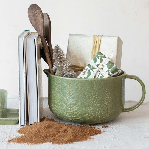 Green Stoneware Batter Bowl with Trees