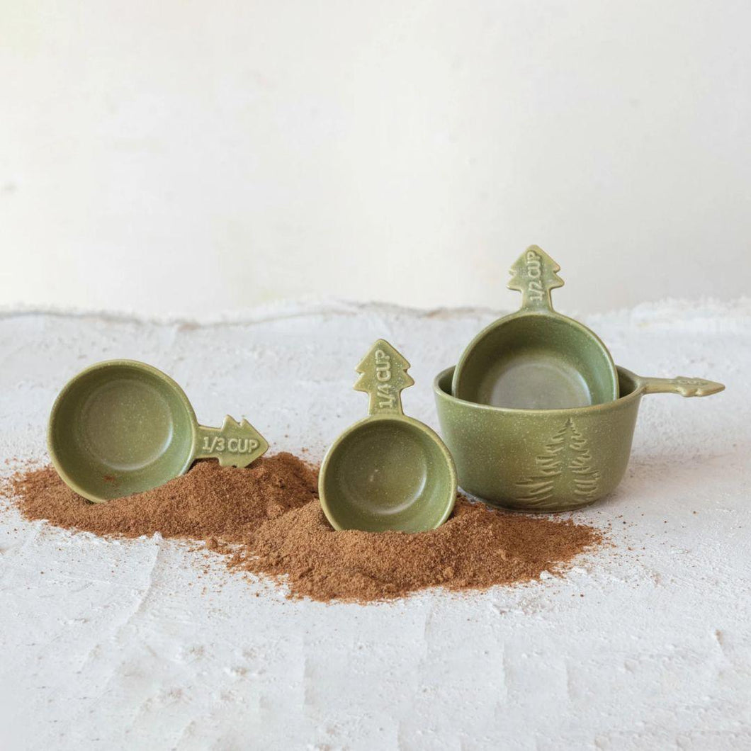 Green Stoneware Measuring Cups with Tree Handles - Set of 4