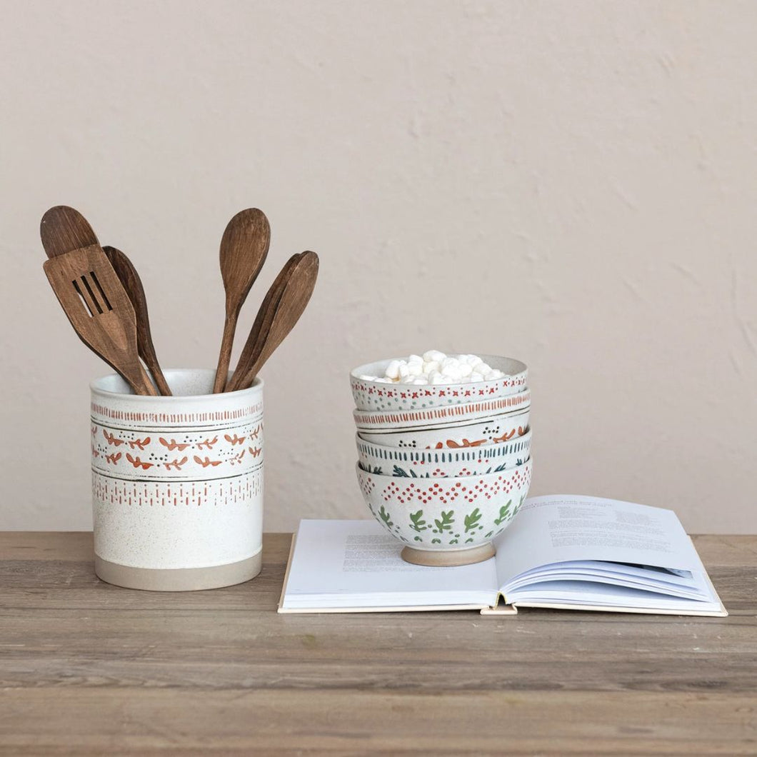 Hand Stamped Stoneware Footed Bowl