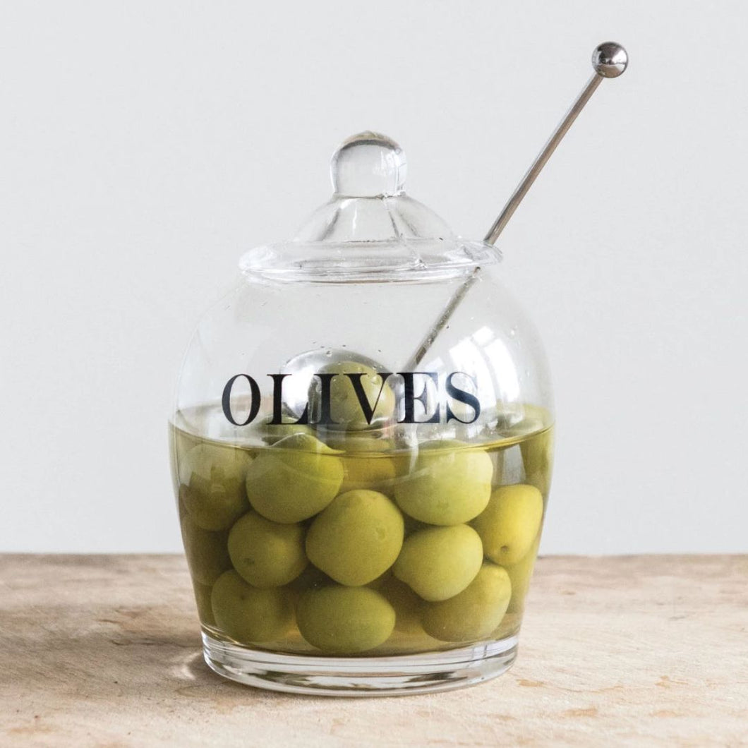 Olives Glass Jar with Spoon Set