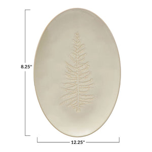 Oval Debossed Stoneware Platter with Tree Design - White - 12.25" x 8.25"