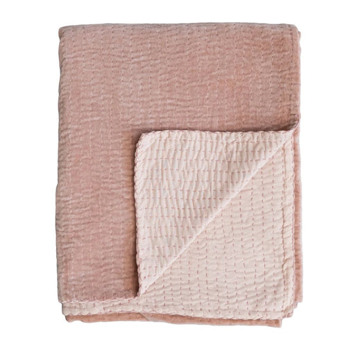 Peach Velvet Throw Blanket with Kantha Stitch