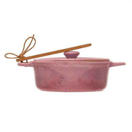 Stoneware Brie Baker with Bamboo Spreader - Pink