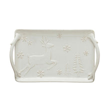 Debossed Stoneware Tray with Deer, Snowflakes & Trees