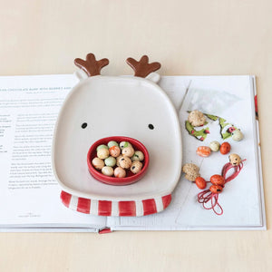 9.75" Stoneware Reindeer Shaped Platter & Dish - Set of 2