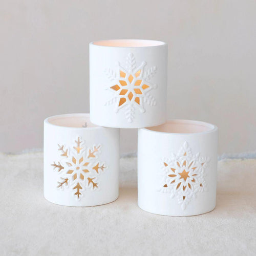 Stoneware Bisque Tealight Holder with Snowflake Cut-Out